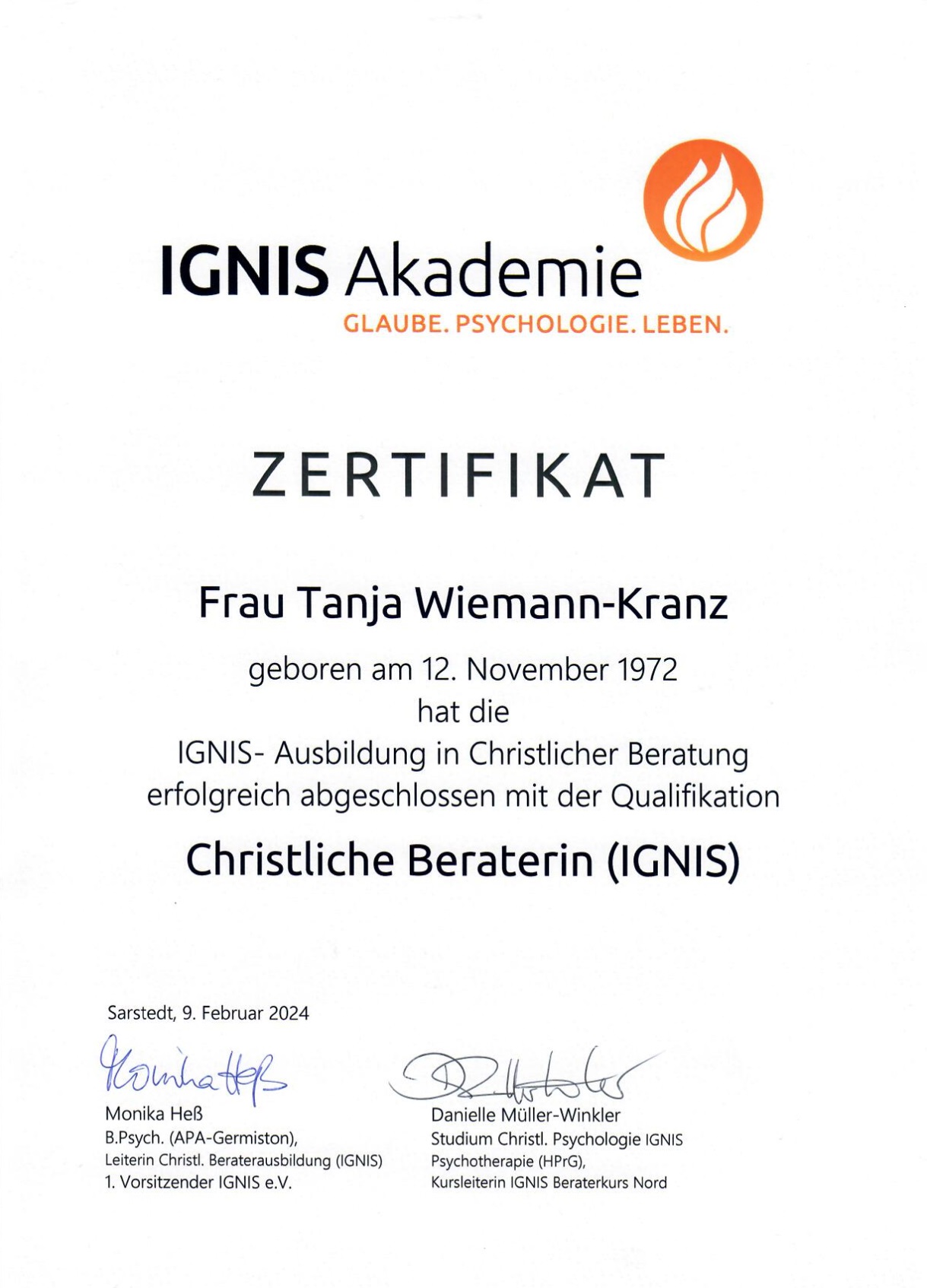 Hier sollten Sie eine Abbildung des Zertifikats über meine Ausbildung zur Christlichen Beraterin (IGNIS) sehen können.